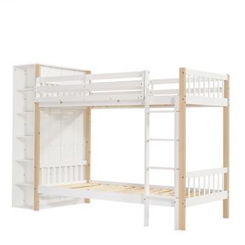 Cama Litera - Cama Infantil Con Protección Contra Caídas Y Barandilla - Con 4 Escaleras - 6 Estantes Abiertos - Armarios Laterales - Mucho Almacenamiento - Natural Y Blanca - 90x200 Cm