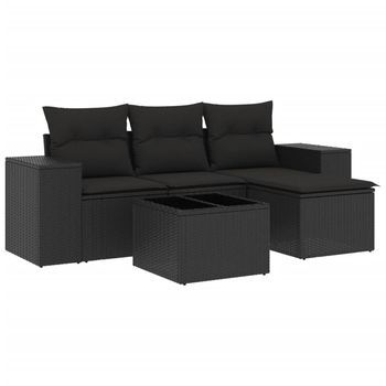 Set De Muebles De Jardín 5 Piezas | Mobiliario De Jardín Y Cojines Ratán Sintético Negro