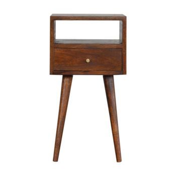 Mesita De Noche Pequeña De Madera Maciza, Mueble Artesanal Con 1 Cajón, Color Castaño.