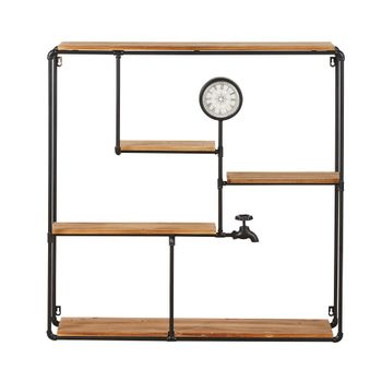 Estantería de hierro forjado negro y madera de pino con reloj