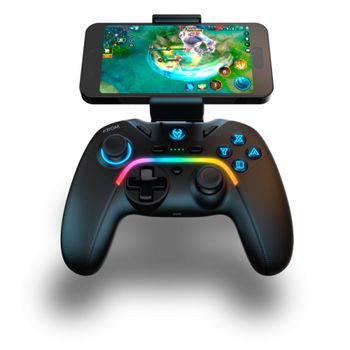 KROM Gamepad KAYROS -NXKROMKAYROS- Gamepad alambrico e inalambrico, diseñado para competicion, botones configurables y macros, PC, SWITCH, ANDROID, IOS, LED RGB, soporte smartphone, negro