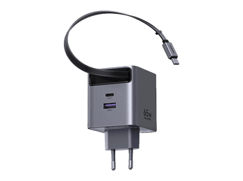 Cargador de pared - Ugreen GaN Carga Rápida con cable USB-C Retráctil, Universal, 65W, 1x USB-C, USB-A, Plata