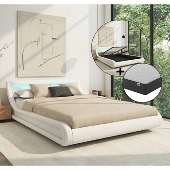 Cama Canapé De Matrimonio Con Colchón | Cama Doble Con Cabecero Y Canapé Led | Somier Lamas | Blanco | Madera Y Polipiel | Modelo Parisina | 150x190