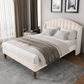 Cama Tapizada De Terciopelo Beige 140x190 Con Somier De Lamas Y Cabecero Para Jóvenes