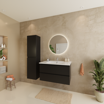 Conjunto De Mueble De Baño Negro Mate 80 Cm - Lavabo Blanco - Armario Alto De Baño [verona] Lomazoo