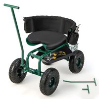 costway carrito de jardin con asiento de trabajo ajustable en altura asiento giratorio 360 cojin 2 asas de direccion bandeja de herramientas verde