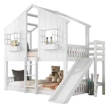 Litera Infantil 90x200 Cm, Con Tobogán Infantil, Techo Y Ventana, Puerta De Seguridad, Escalera De Tres Peldaños, Pino + Mdf, Blanco