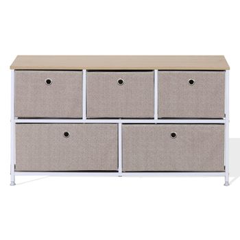 Aparador horizontal con 5 cajones de metal y tela beige y blanco