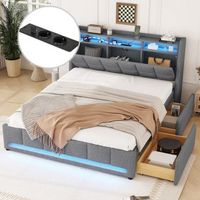 cama tapizada 140 x 200 cm con cabecero y 2 cajones - leds y tomas usb - tela de lino - gris sin colchon