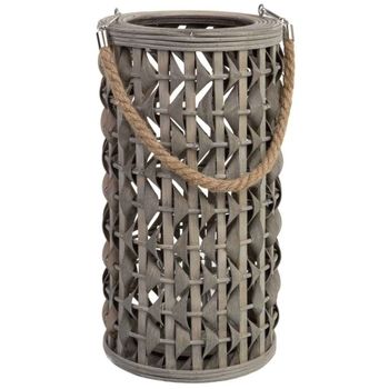 Farol bambú y madera con recipiente de cristal para vela d18x34h cm