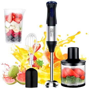 Batidora de Mano 4 en 1 de 1000W, Cuerpo de Acero Inoxidable, Bajo Nivel de Ruido 36-45dB, para Mezclar/Batir/Purificar/Picar en la Cocina del Hogar