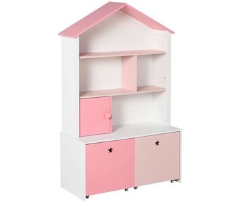 Homcom estantería de madera infantil librería para niños con 4 compartimentos 1 puerta y 2 cajones extraíbles con ruedas para libros juguetes 80x34x130 cm rosa y blanco