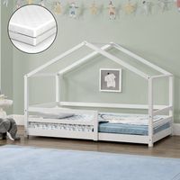 cama para ninos de madera pino knatten - con colchon ortopedico - 70 x 140 cm - cama infantil - con reja protectora - casita - forma de casa - blanco lacado mate encasa