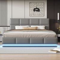 cama doble tapizada 180x200cm base led y de listones gris claro imitacion cuero