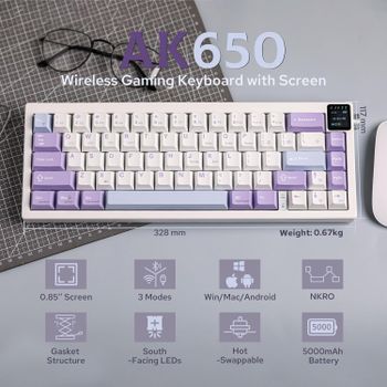 Teclado Mecánico Inalámbrico AK650 de 3 Modos, Diseño 65%, RGB, Pantalla, Perilla de Volumen, Batería de 5000 mAh