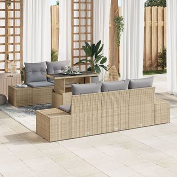 Juego De Sofá De Jardín De 6 Piezas Con Cojines Beige Poliratán V2109 Unico / Beige