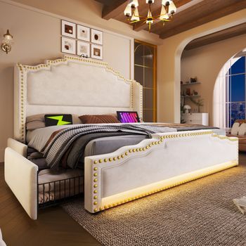 Cama Tapizada De 180 X 200 Cm Con Cabecero Y 4 Cajones - Terciopelo - Luces Led Y Puertos Usb-c - Beige (colchón No Incluido)