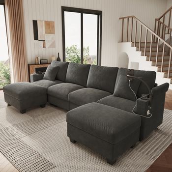 Sofá Esquinero Modular De 4 Plazas Con Soporte Para Teléfono Y Puerto Usb - 275,5 X 139 X 87 Cm - Pana - Gris