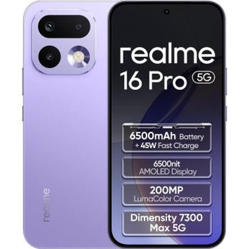 Teléfono - realme 16 Pro 5G Smartphone, Versión europea, Batería de 6500mAh, Cámara Principal de 200MP OIS, Pantalla AMOLED 144Hz, Chipset Dimensity 7300-Max, eSIM, IP66/68/69