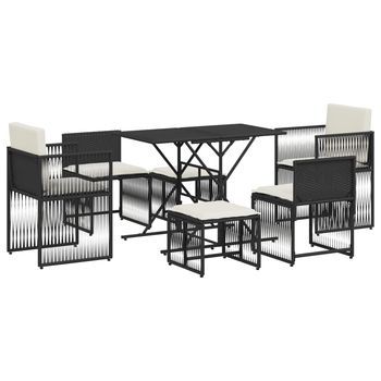 Set De Comedor De Jardín 7 Uds | Juego De Muebles De Jardín Y Cojines Ratán Sintético Negro