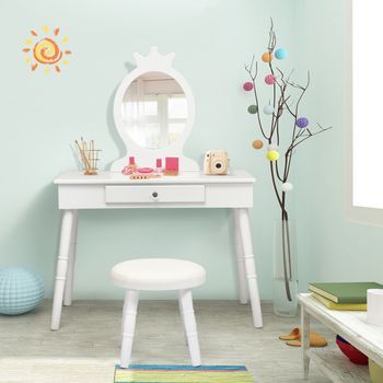 Set Mesa Silla Tocador Niños Espejo Cajones Maquillaje Blanco 70x34x100 Cm