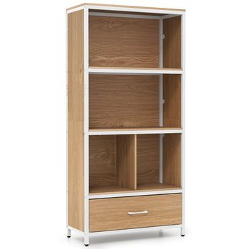 Costway Librería de 4 Niveles con 4 Cubos Abiertos y Cajón de Tela Plegable Estructura Metálica para Dormitorio Oficina Natural
