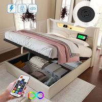 cama contenedor para adultos 140 x 200 cm con cabecero - usb  tipo c  led - tejido de lino - beige