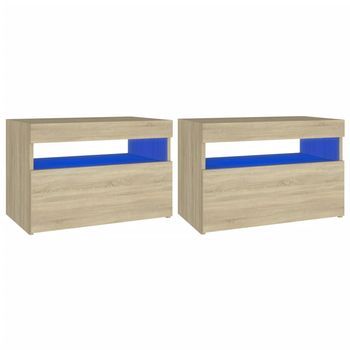 Pack 2 Uds Mesitas De Noche | Mesa Auxiliar | Mesilla Con Led Contrachapada Sonoma 60x35x40 Cm