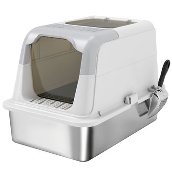 PawHut Arenero para Gatos de Acero Inoxidable XL con Tapa Abatible Caja de Arena Cerrada Borde Alto 2 Entradas Pala Metálica
