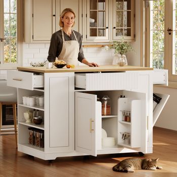 Isla De Cocina De 120x50x92cm, Con Cestas De Almacenamiento, 2 Puertas, 3 Cajones, Con Ruedas, Color Blanco.