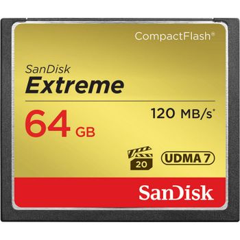 SanDisk Extreme 64GB Tarjeta CompactFlash Velocidad 120MB/s Escritura 85MB/s Negra
