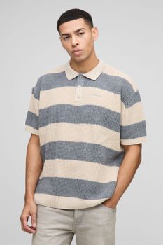 Polo Oversize De Punto Y Manga Corta Con Bordado Y Rayas, Gris