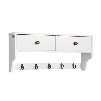 Perchero de pared con 5 ganchos y 2 cajones madera blanco