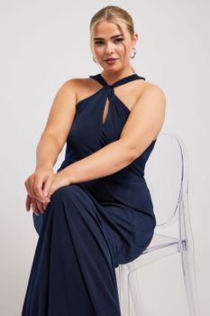 Yours London Vestido Azul Marino Halter Con Aberturas , Mujer Curvy Y Tallas Grandes, Yours London