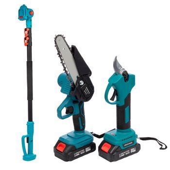 Set De 2 Herramientas Eléctricas Con Motosierra, Tijeras De Podar Y Mango Regulable De 2m. Doble Bateria 7500 Mah 10,5x10,5x31 Cm. Color: Azul