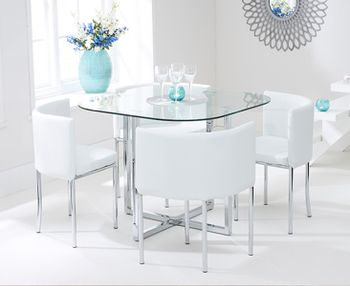 Algarve Glass Stowaway Dining Table with White High Back Stools - Ivory, 4 Chairs