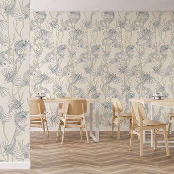 Papel pintado panorámico con motivos de carpa, beige 300 x 2