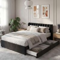 cama doble tapizada en terciopelo con somier de lamas y 2 cajones de almacenamiento cabecera tapizada negro 140 x 200 cm