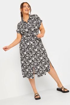 Yours Vestido Blanco Y Negro De Hojas Con Manga Corta, Mujer Curvy Y Tallas Grandes, Yours
