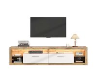 mueble tv 180x355x50cm - led control por app 2 cajones 4 compartimentos abiertos madera aglomerada 30kg 75 pulgadas - natural y blanco