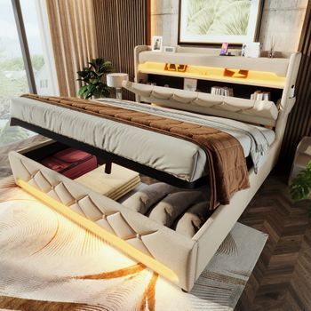 Cama Con Cabecero Y Espacio De Almacenaje De 140 X 200 Cm - Tejido De Lino - Toma Usb Y Tipo C - Beige (sin Colchón)