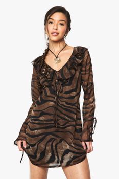 Vestido Recto De Chifón Estampado Con Volante, Brown