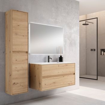 Mueble Mydesign 100 Cm, Estructura Roble Moderno Frontal Roble Moderno. Pack Mueble + Lavabo.