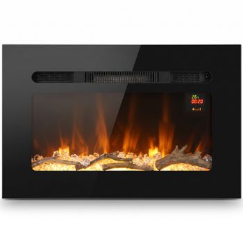HOMCOM Chimenea Eléctrica 60 cm Empotrable o de Pared, 1800W, Temporizador 24 Horas, Llama Regulable, Cristales
