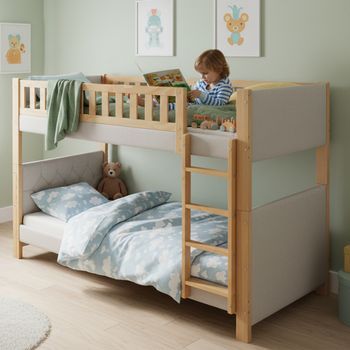 Literas 2 X 90 X 200 Cm Con Bordes De Espuma Amortiguadora - Madera De Caucho Y Mdf - Natural + Gris (colchones No Incluidos)