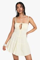vestido mini estilo mesonera de algodon con ribete de encaje amarillo