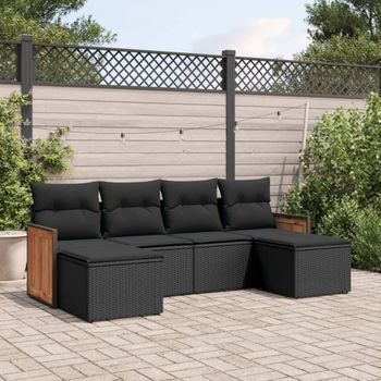 Conjunto De Sofás De Jardín 6 Uds | Mueble Jardin Mesa Y Sillas Y Cojines Ratán Sintético Negro Cfw237206