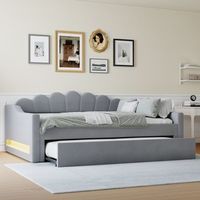 cama nido 140x200 cm  90x190 cm con cabecero - leds - tejido de lino - gris sin colchon