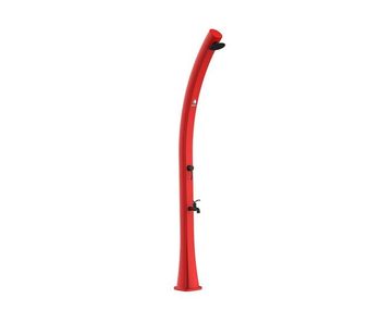 Ducha solar curva de polietileno hd para jardín y piscina altura 226 cm ducha redonda diámetro 15,24 cm depósito 25 litros grifo lavapiés accesorios metálicos color negro. filtro antical y tapa de ducha.