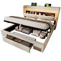 cama tapizada 140x200 cm almacenamiento hidraulico led usb lino beige sin colchon